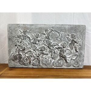 VTG Bas-Relief Plaque W Cherubs Plaster Wall Decor Grey 14" X 8"